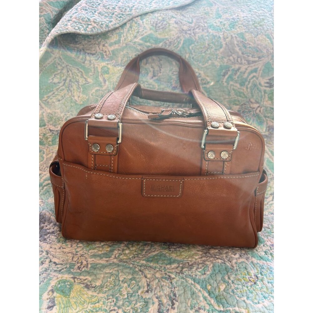 Vintage Michal Kors Cognac Leather Satchel-Buckle Pocket Detail - Picture 2 of 8